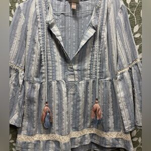 Knox Rose Blue and White Striped Blouse With Flared Sleeves Boho Style